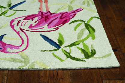 8' X 10' Ivory And Pink Flamingo Hand Hooked Area Rug