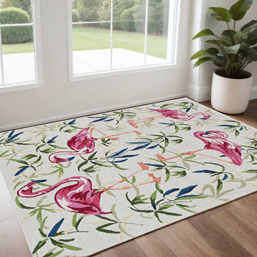 8' X 10' Ivory And Pink Flamingo Hand Hooked Area Rug