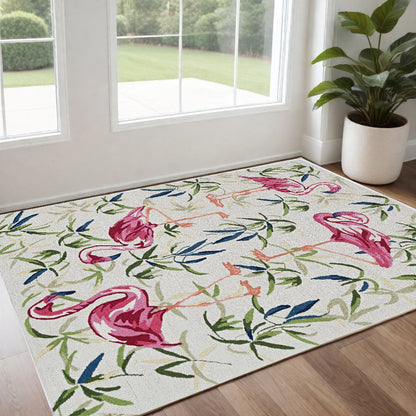 8' X 10' Ivory And Pink Flamingo Hand Hooked Area Rug