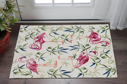 8' X 10' Ivory And Pink Flamingo Hand Hooked Area Rug