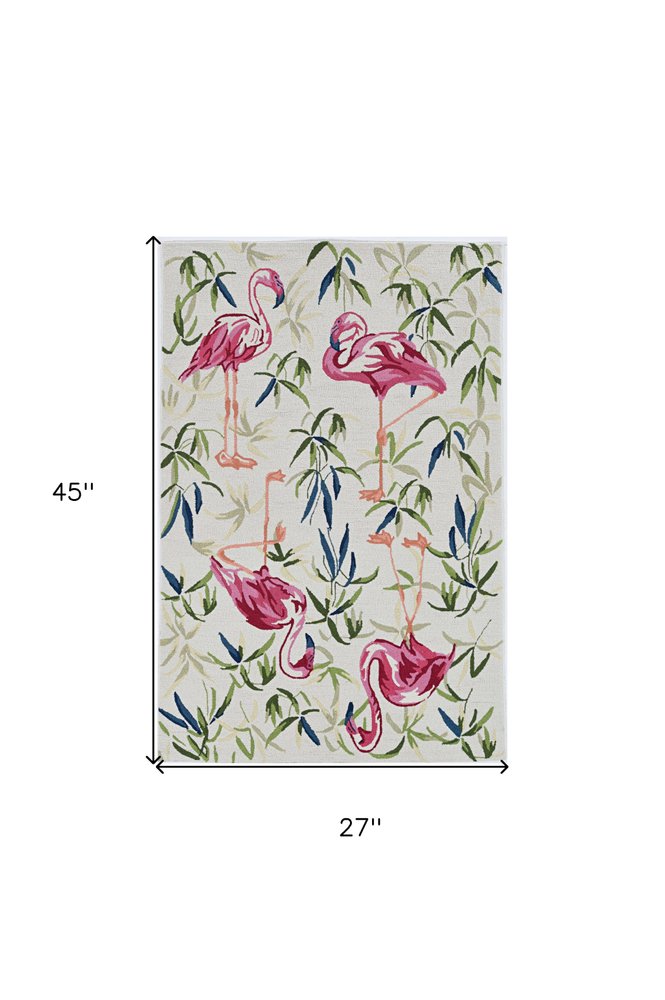 8' X 10' Ivory And Pink Flamingo Hand Hooked Area Rug