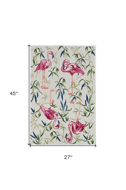 8' X 10' Ivory And Pink Flamingo Hand Hooked Area Rug