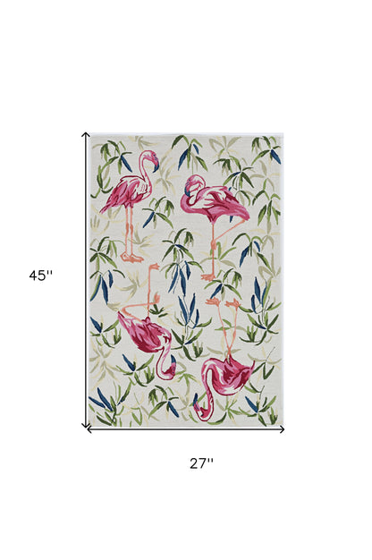 8' X 10' Ivory And Pink Flamingo Hand Hooked Area Rug