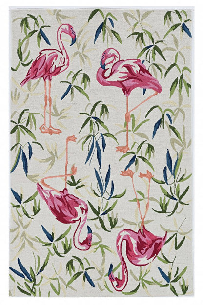8' X 10' Ivory And Pink Flamingo Hand Hooked Area Rug