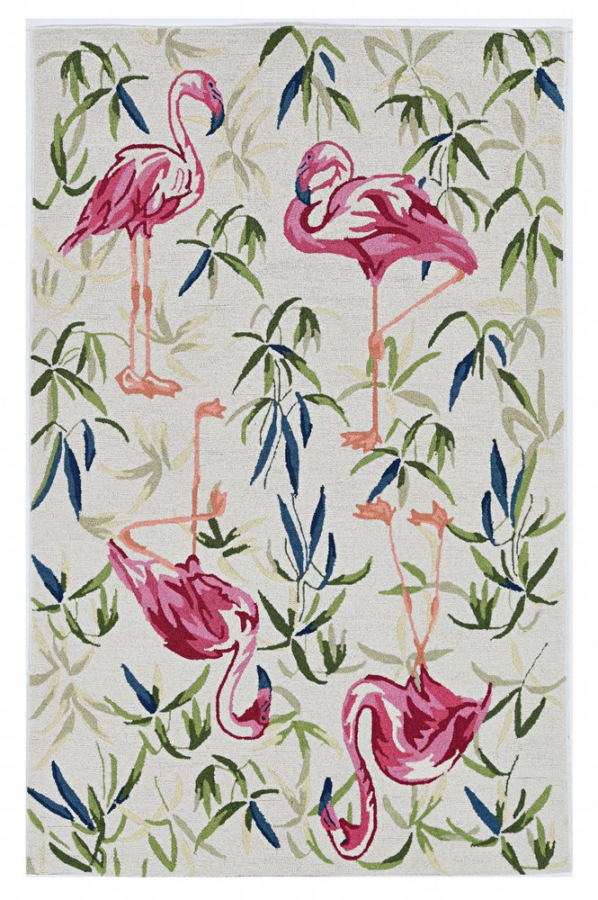 8' X 10' Ivory And Pink Flamingo Hand Hooked Area Rug