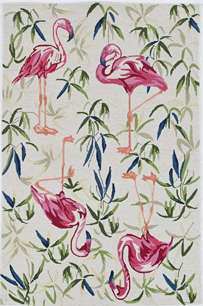 8' X 10' Ivory And Pink Flamingo Hand Hooked Area Rug
