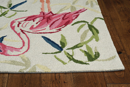 8' X 10' Ivory And Pink Flamingo Hand Hooked Area Rug