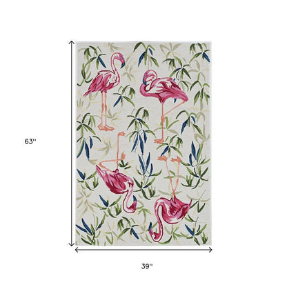 8' X 10' Ivory And Pink Flamingo Hand Hooked Area Rug