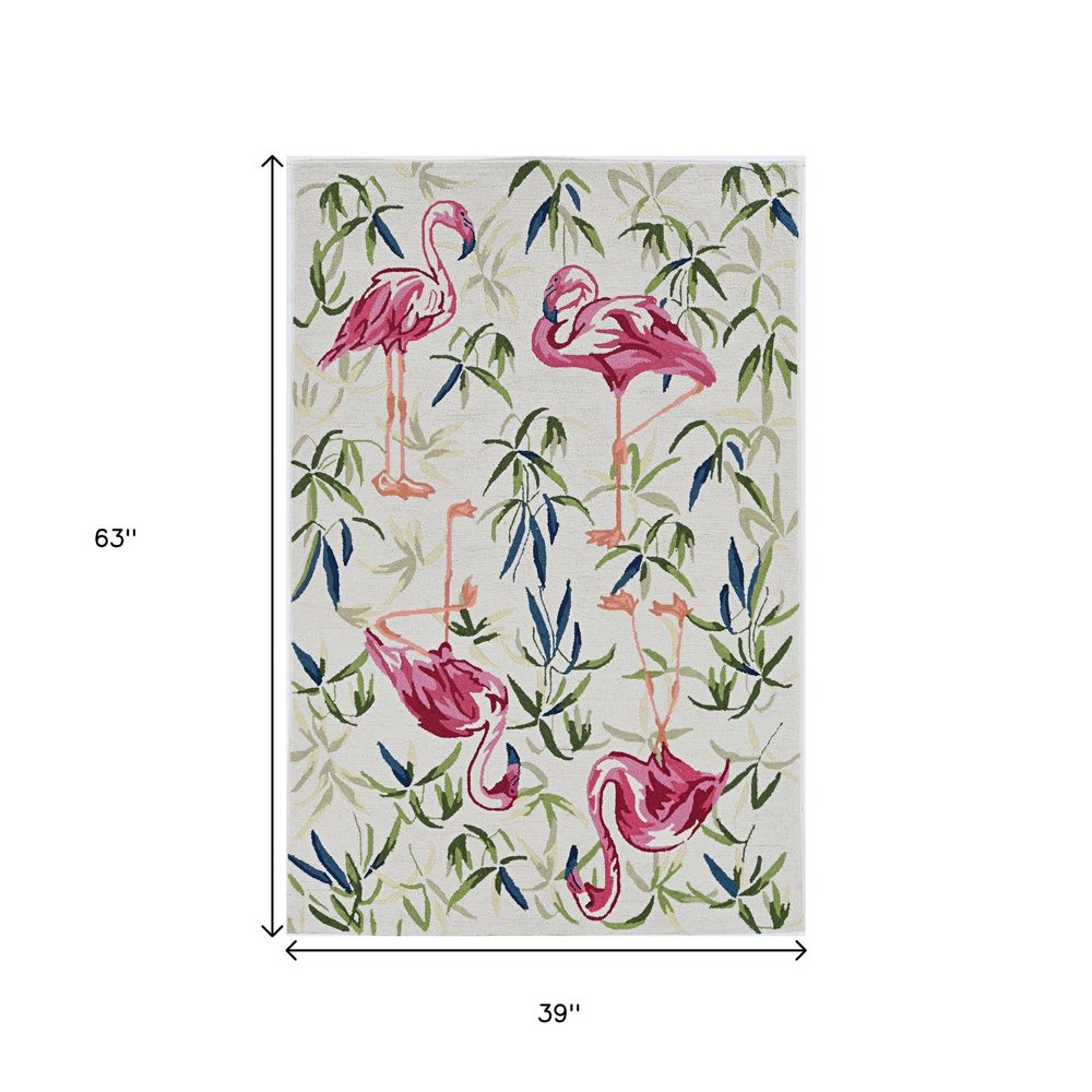 8' X 10' Ivory And Pink Flamingo Hand Hooked Area Rug