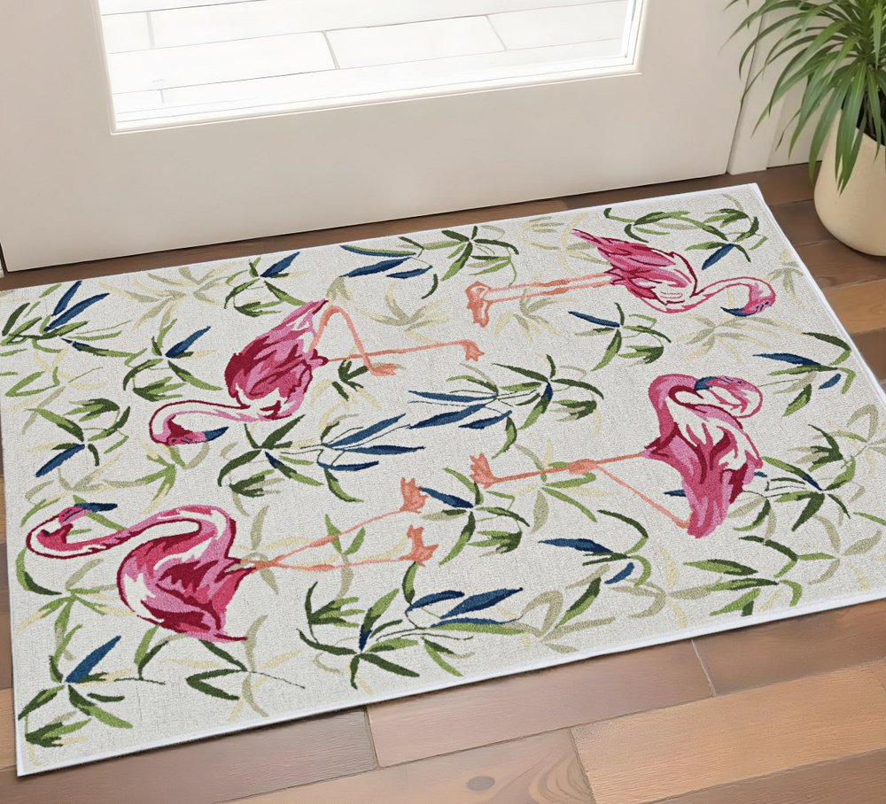 8' X 10' Ivory And Pink Flamingo Hand Hooked Area Rug