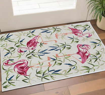 8' X 10' Ivory And Pink Flamingo Hand Hooked Area Rug
