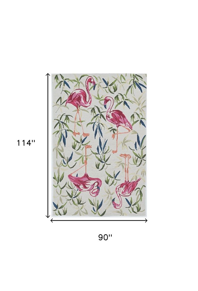 8' X 10' Ivory And Pink Flamingo Hand Hooked Area Rug