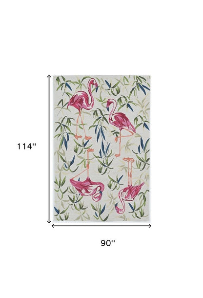 8' X 10' Ivory And Pink Flamingo Hand Hooked Area Rug