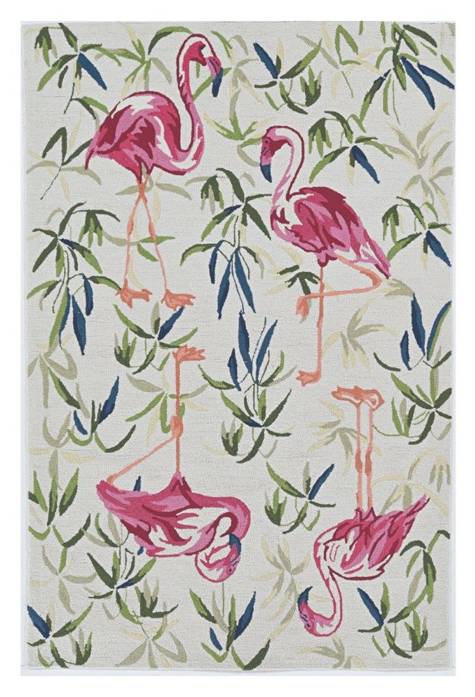 8' X 10' Ivory And Pink Flamingo Hand Hooked Area Rug