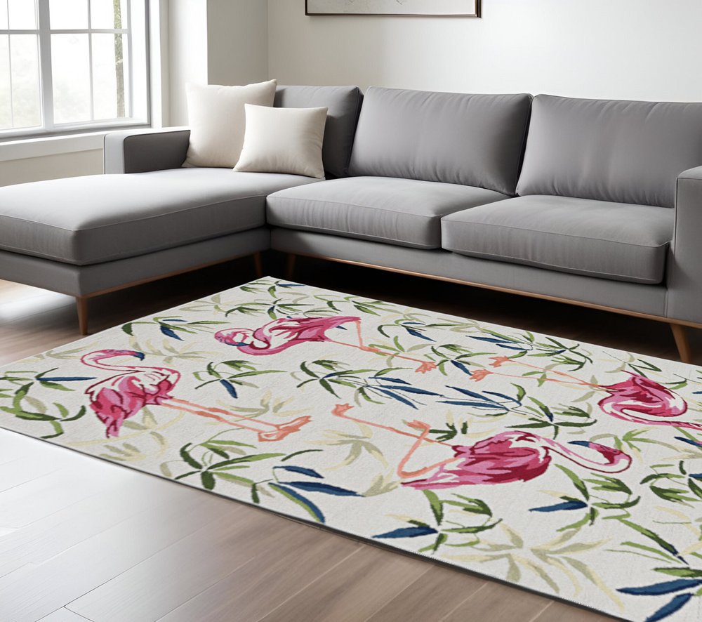 8' X 10' Ivory And Pink Flamingo Hand Hooked Area Rug