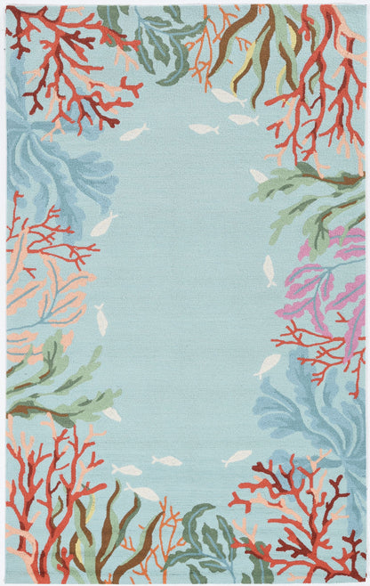 2' X 4' Blue Red And Pink Fish and Coral Hand Tufted Area Rug