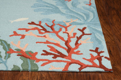 2' X 4' Blue Red And Pink Fish and Coral Hand Tufted Area Rug