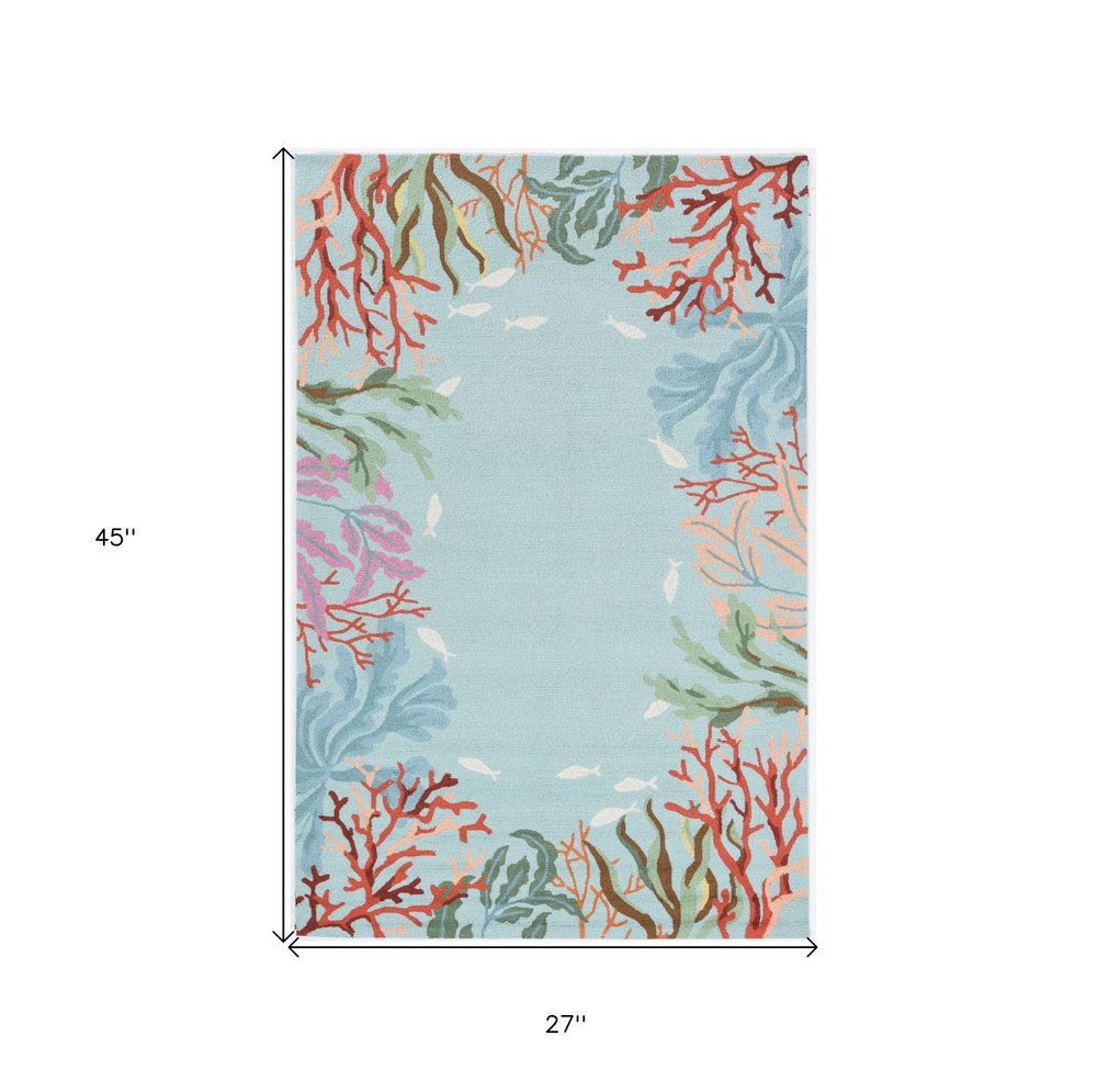 2' X 4' Blue Red And Pink Fish and Coral Hand Tufted Area Rug