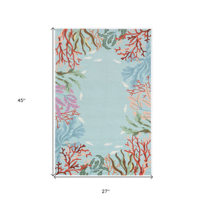 2' X 4' Blue Red And Pink Fish and Coral Hand Tufted Area Rug