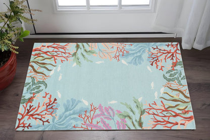 2' X 4' Blue Red And Pink Fish and Coral Hand Tufted Area Rug