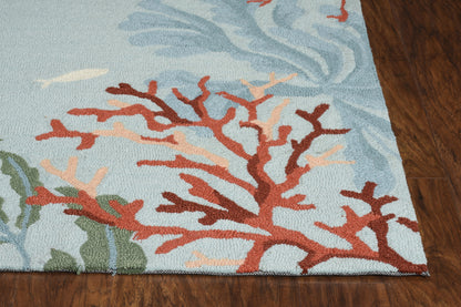 2' X 4' Blue Red And Pink Fish and Coral Hand Tufted Area Rug