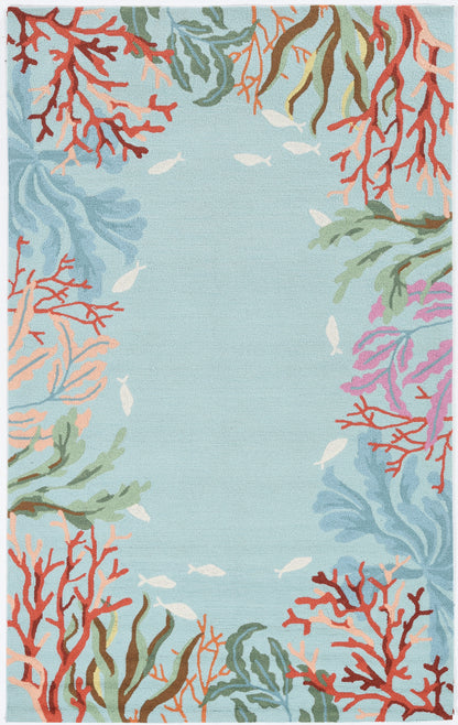 2' X 4' Blue Red And Pink Fish and Coral Hand Tufted Area Rug