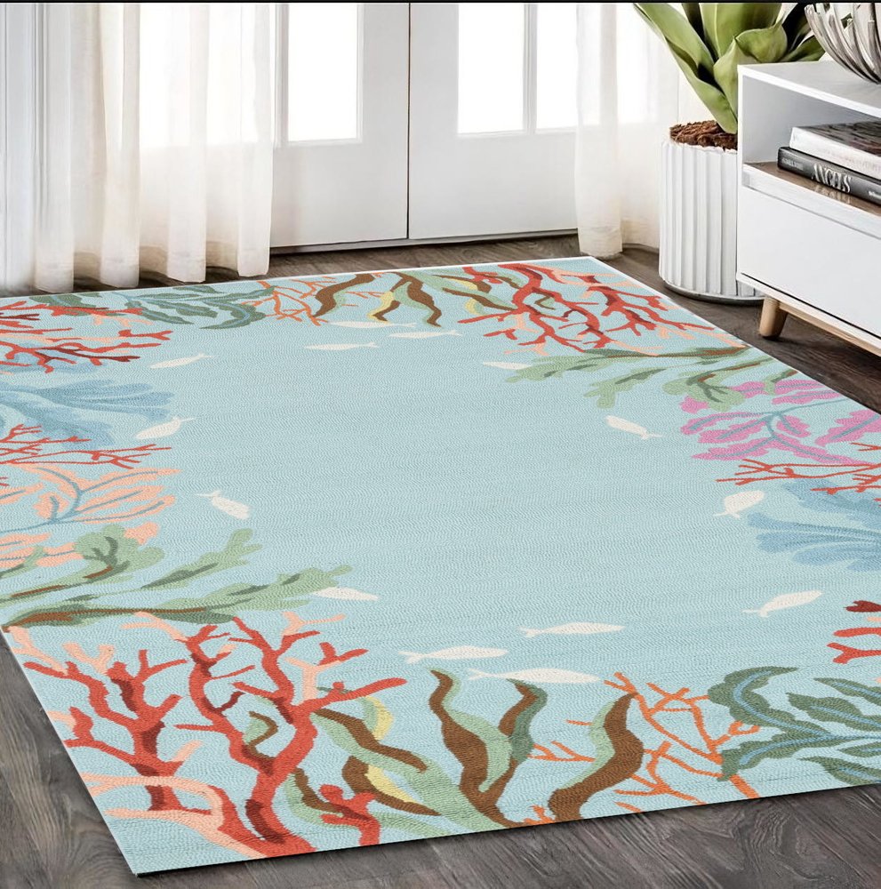 2' X 4' Blue Red And Pink Fish and Coral Hand Tufted Area Rug