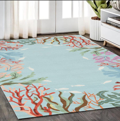 2' X 4' Blue Red And Pink Fish and Coral Hand Tufted Area Rug