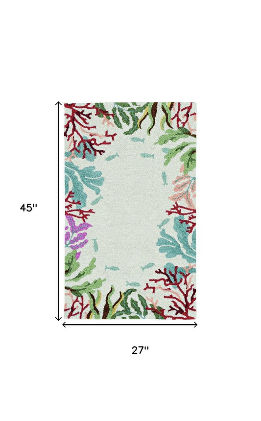 8' X 10' Ivory Red And Pink Fish and Coral Hand Hooked Area Rug