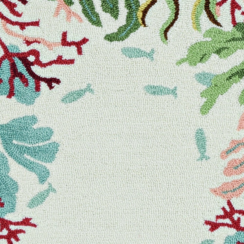8' X 10' Ivory Red And Pink Fish and Coral Hand Hooked Area Rug