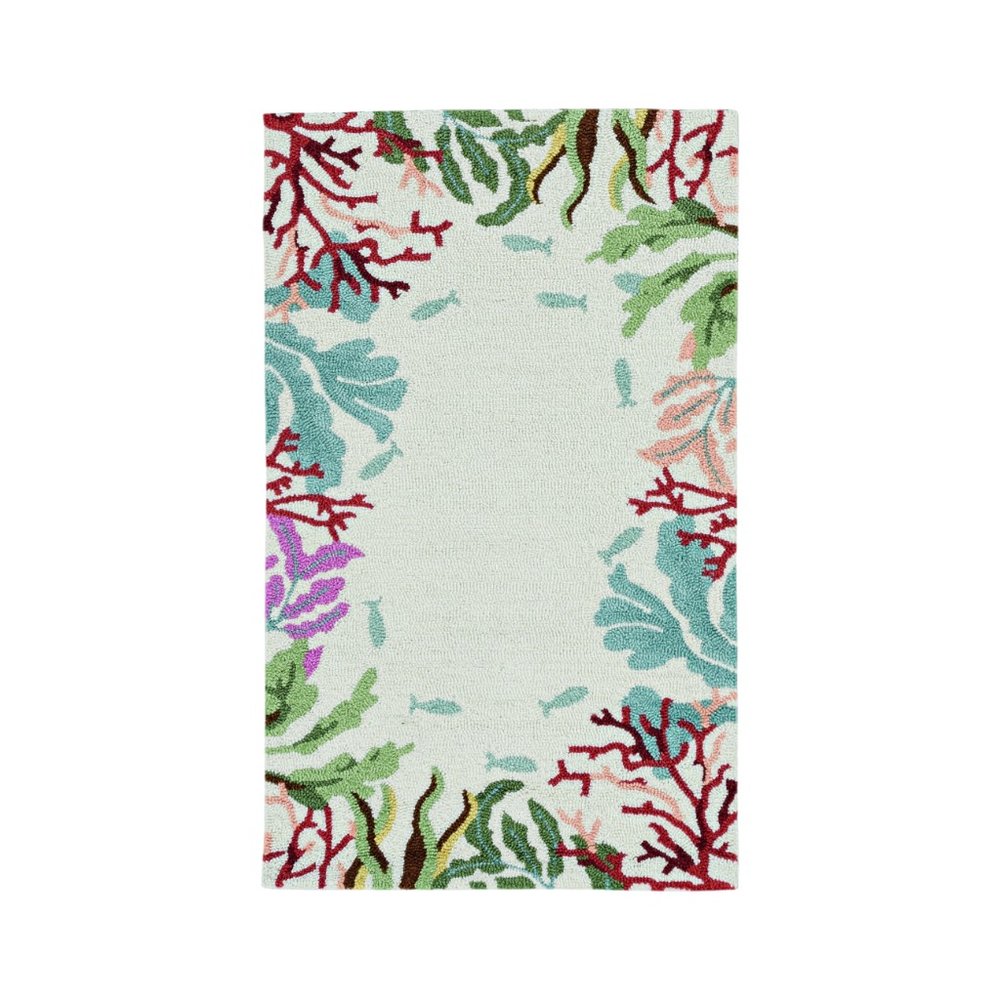 8' X 10' Ivory Red And Pink Fish and Coral Hand Hooked Area Rug