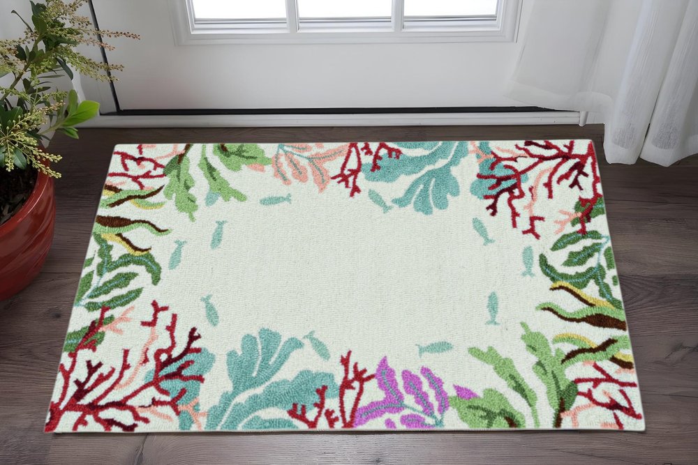 8' X 10' Ivory Red And Pink Fish and Coral Hand Hooked Area Rug