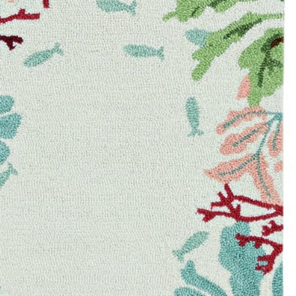 8' X 10' Ivory Red And Pink Fish and Coral Hand Hooked Area Rug