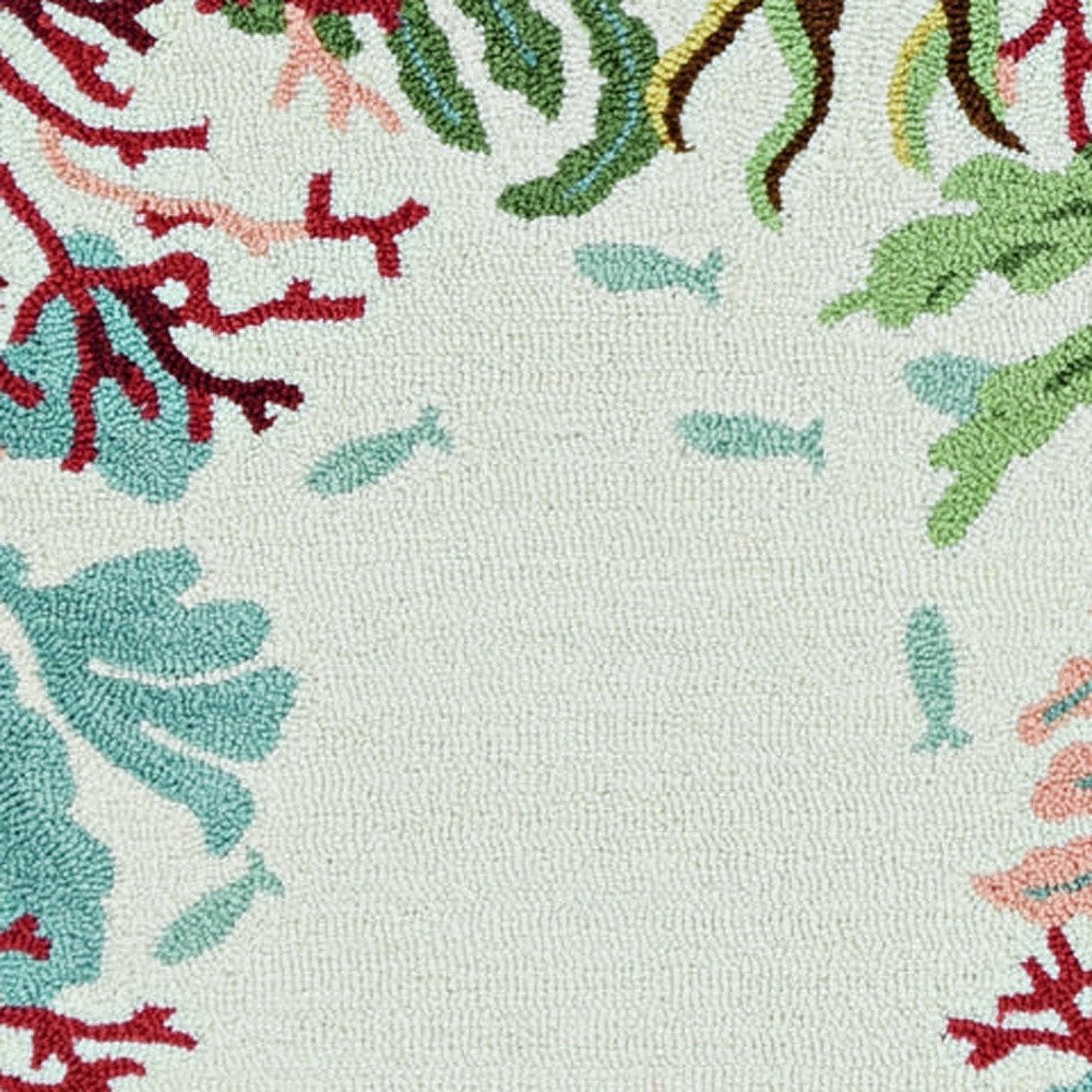 8' X 10' Ivory Red And Pink Fish and Coral Hand Hooked Area Rug