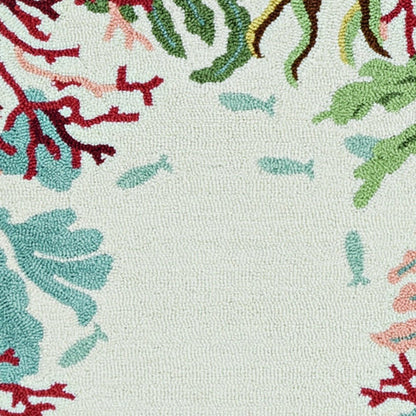 8' X 10' Ivory Red And Pink Fish and Coral Hand Hooked Area Rug