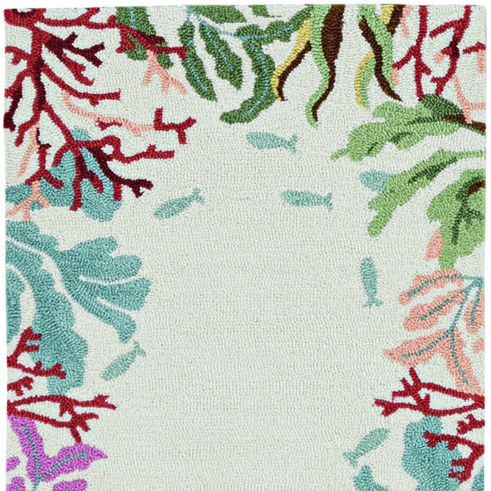 8' X 10' Ivory Red And Pink Fish and Coral Hand Hooked Area Rug