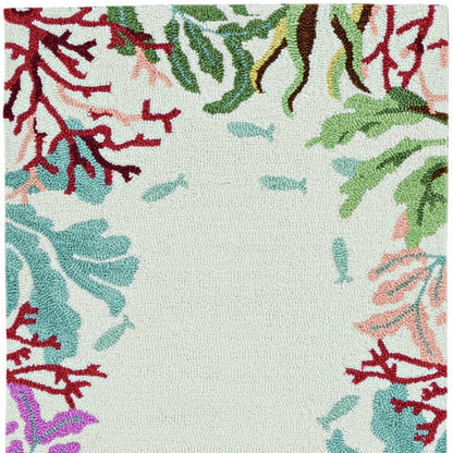 8' X 10' Ivory Red And Pink Fish and Coral Hand Hooked Area Rug