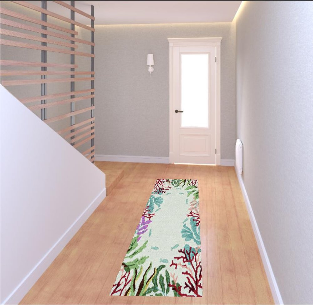 5' X 7' Ivory Red And Pink Fish and Coral Hand Tufted Area Rug