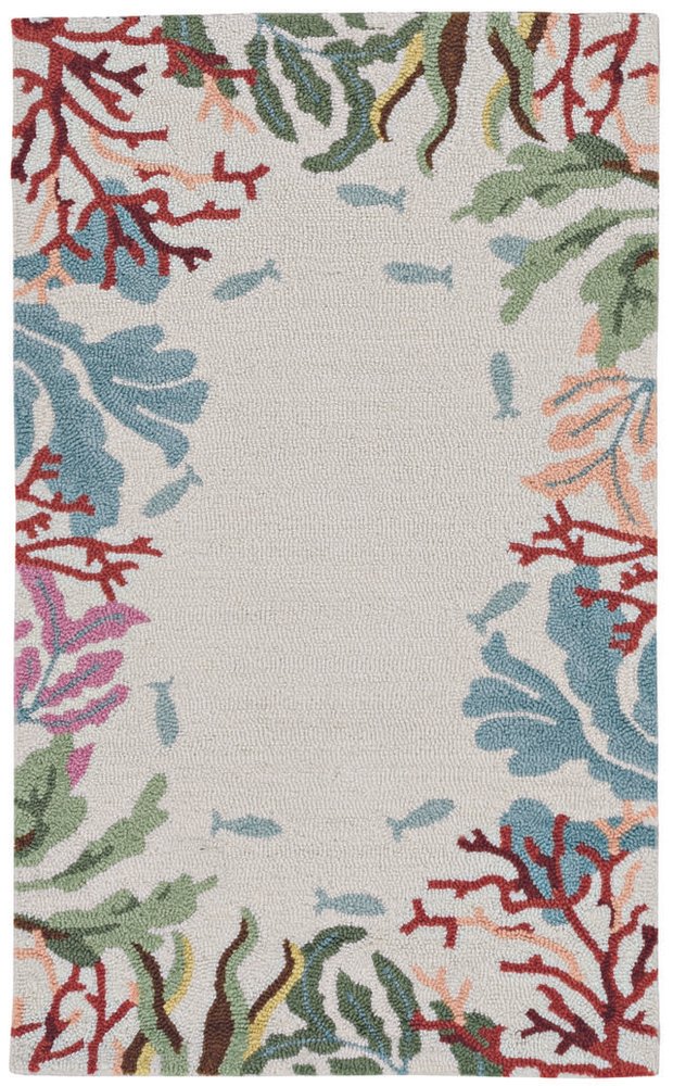 8' X 10' Ivory Red And Pink Fish and Coral Hand Hooked Area Rug