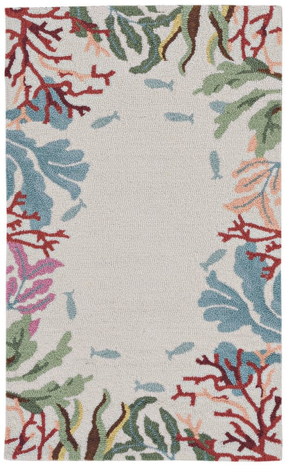 8' X 10' Ivory Red And Pink Fish and Coral Hand Hooked Area Rug