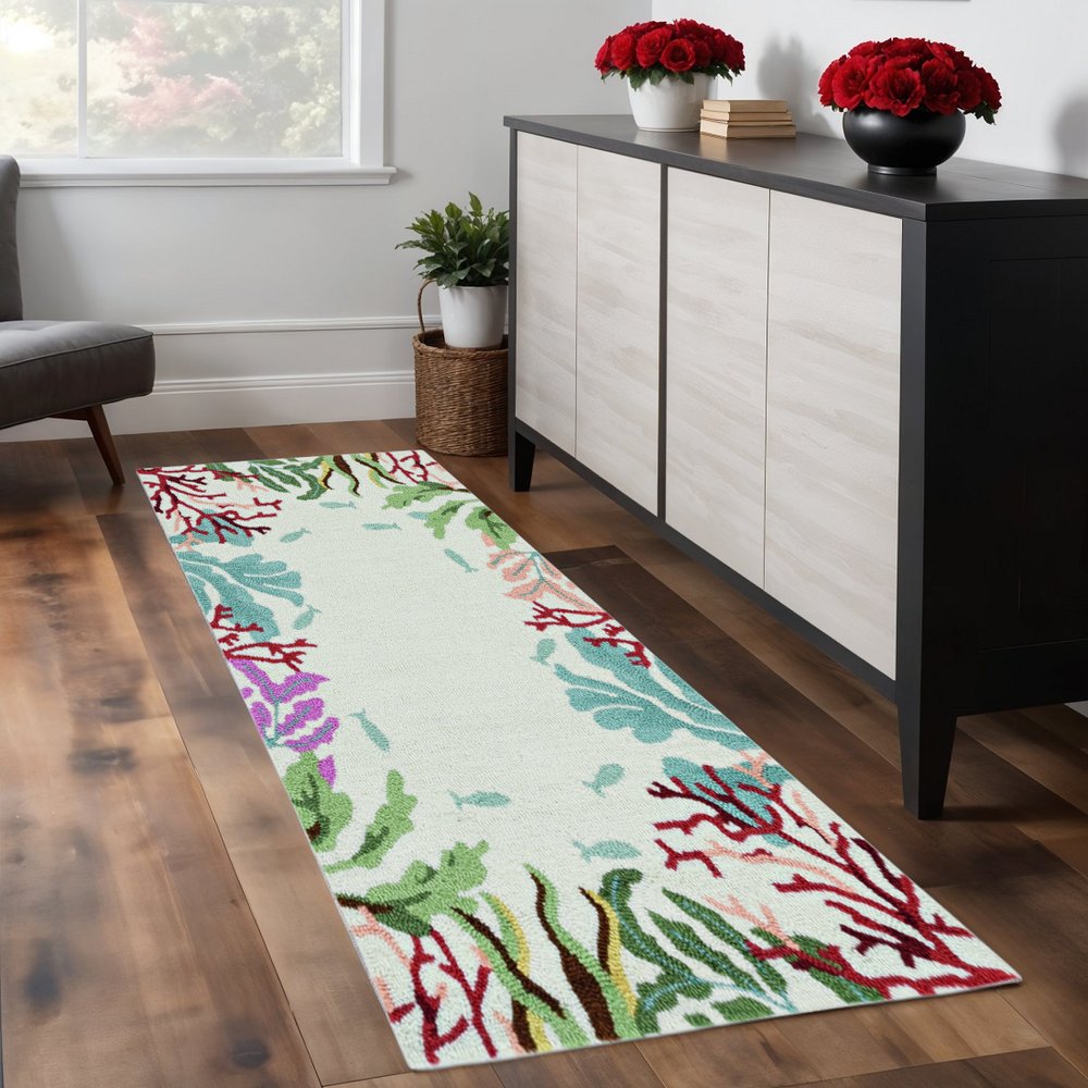8' X 10' Ivory Red And Pink Fish and Coral Hand Hooked Area Rug