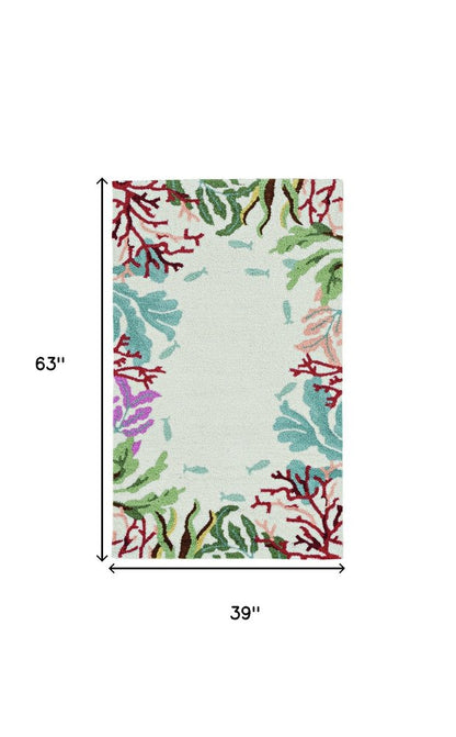 8' X 10' Ivory Red And Pink Fish and Coral Hand Hooked Area Rug