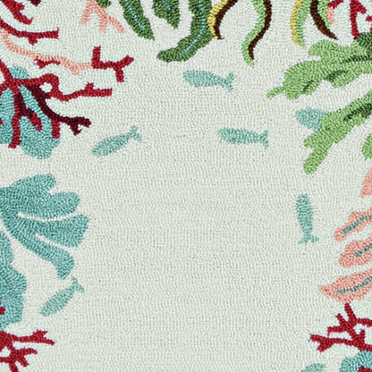 8' X 10' Ivory Red And Pink Fish and Coral Hand Hooked Area Rug