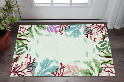 5' X 7' Ivory Red And Pink Fish and Coral Hand Tufted Area Rug