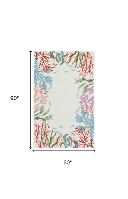 5' X 7' Ivory Red And Pink Fish and Coral Hand Tufted Area Rug