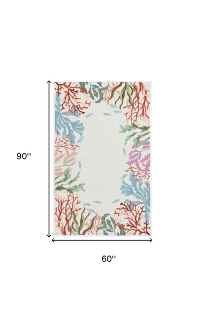 5' X 7' Ivory Red And Pink Fish and Coral Hand Tufted Area Rug