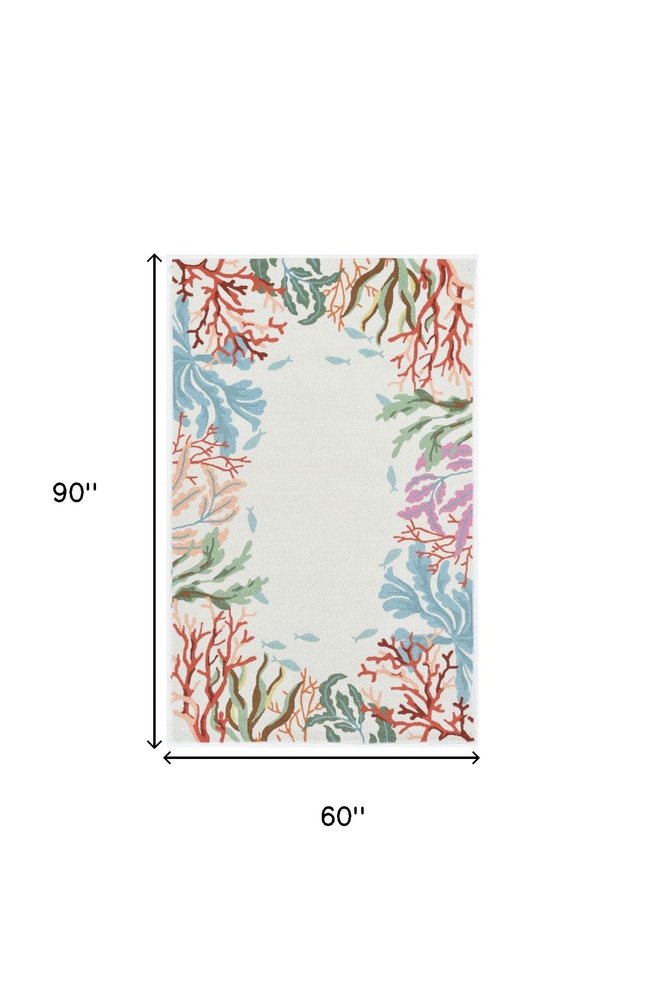 5' X 7' Ivory Red And Pink Fish and Coral Hand Tufted Area Rug
