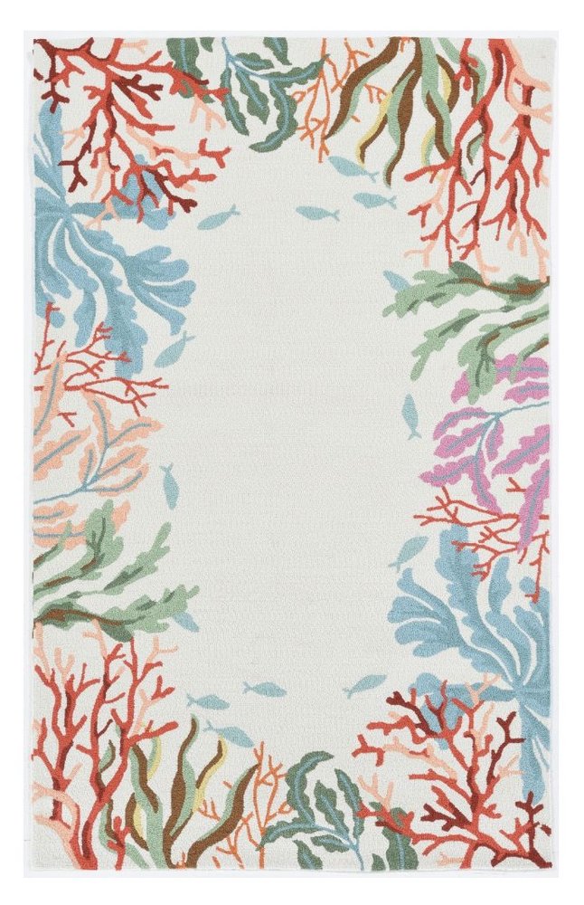 5' X 7' Ivory Red And Pink Fish and Coral Hand Tufted Area Rug