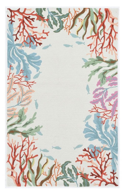 5' X 7' Ivory Red And Pink Fish and Coral Hand Tufted Area Rug