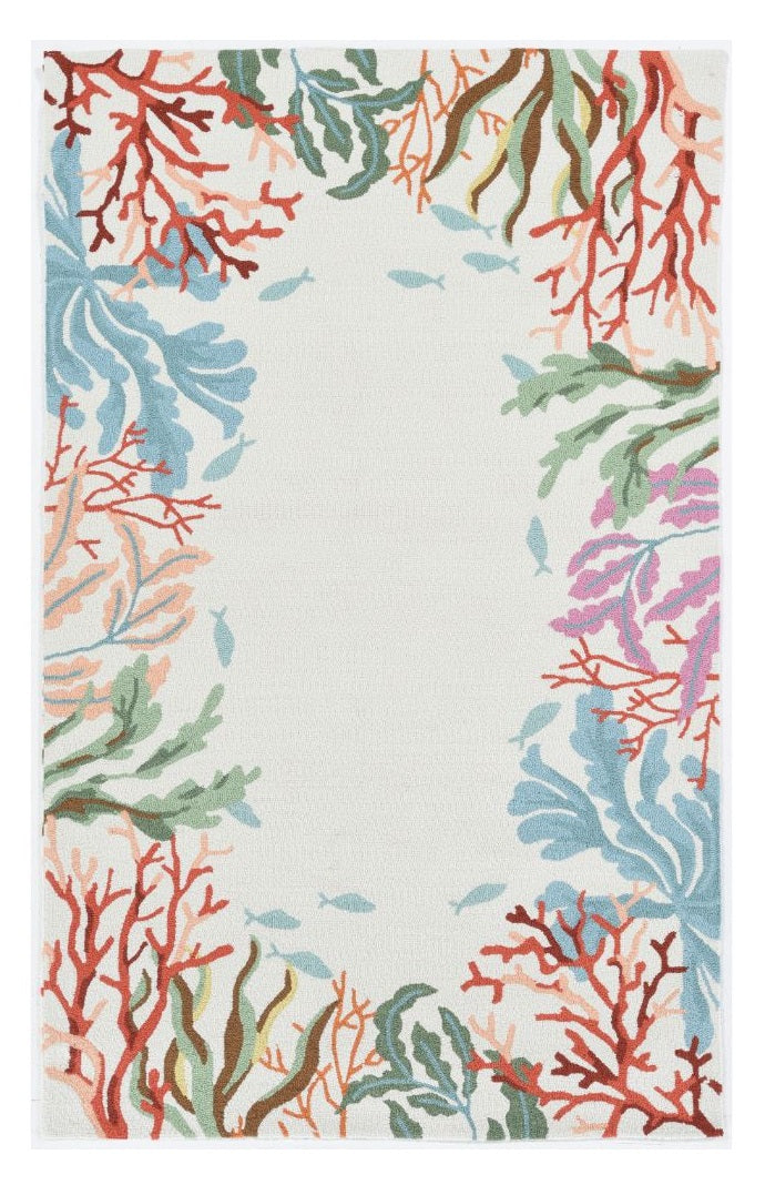 5' X 7' Ivory Red And Pink Fish and Coral Hand Tufted Area Rug